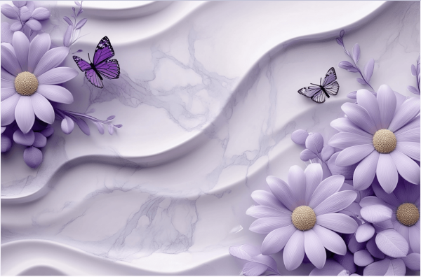 Purple Daisies And Butterflies In 3D On A Gray Canvas  Backgrounds JPG