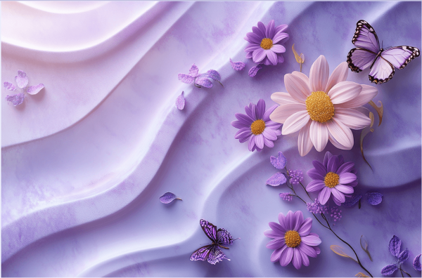 3D Purple Daisies With Butterflies Set Against A Gray Backdrop  Backgrounds JPG