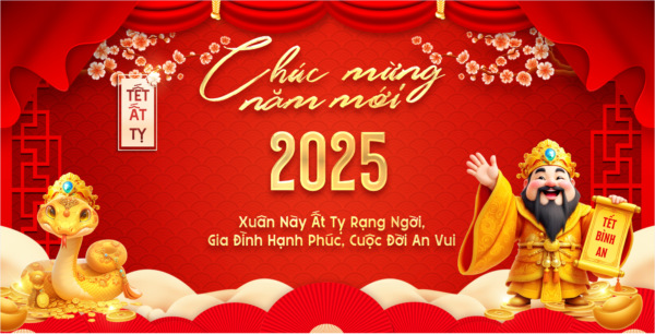 Phông in bạt chúc mừng năm mới 2025 hình con rắn trên nền đỏ, con rắn và thần tài vàng